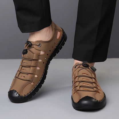 Men's Summer New Hollow out Breathable Leather Sandals Outdoor Anti-Slip Soft Bottom Casual Cover Toe Slip-On Shoes-8025