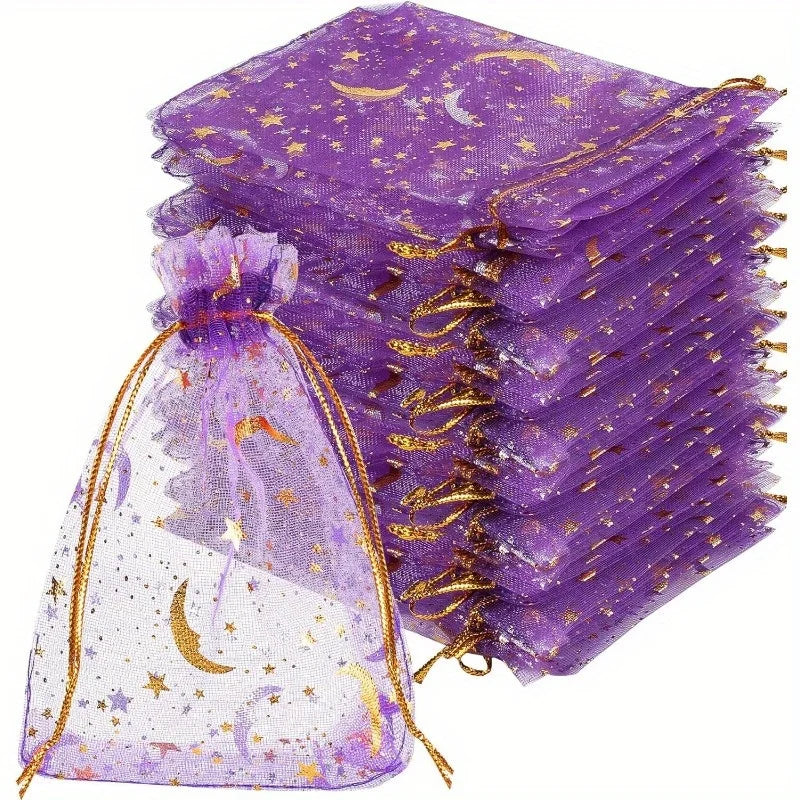 50PCS Moon Stars Drawstring Organza Bags Jewelry Gift Bags Pouches Gold Star Organza Favor Pouches for Christmas Wedding