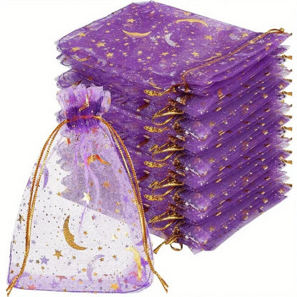 50PCS Moon Stars Drawstring Organza Bags Jewelry Gift Bags Pouches Gold Star Organza Favor Pouches for Christmas Wedding
