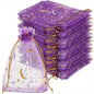 50PCS Moon Stars Drawstring Organza Bags Jewelry Gift Bags Pouches Gold Star Organza Favor Pouches for Christmas Wedding