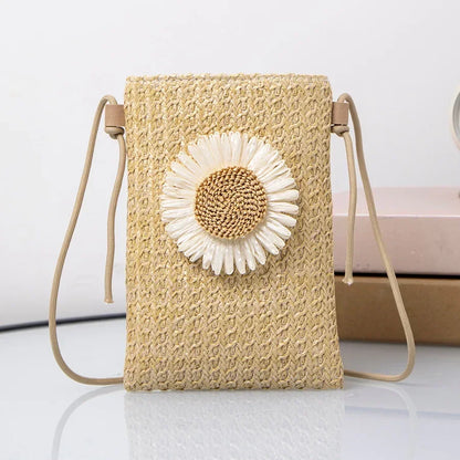 Stylish Flower Woven Small Bag for Women Teen Crossbody Purse, Summer Chic Leisure Mobile Phone Bag, Single Knit Shoulder Bag