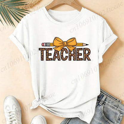 Leopard Teacher Pencil Bow Graphic T Shirt Women Teacher Appreciation Gift Casual Tops Short Sleeve Women's T-Shirts Clothing