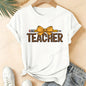 Leopard Teacher Pencil Bow Graphic T Shirt Women Teacher Appreciation Gift Casual Tops Short Sleeve Women's T-Shirts Clothing