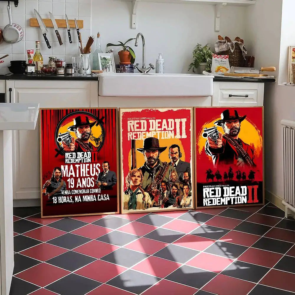 Red Dead Redemption 2 Game Poster Self-adhesive Art Room Entrance Restaurant Wall Decor Art Painting