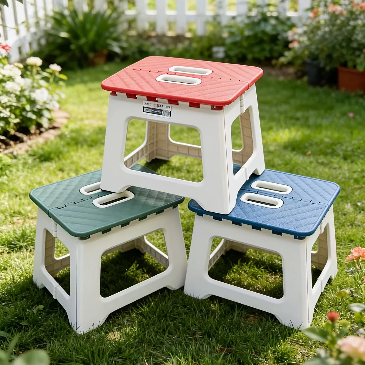 Portable Folding Footstool Stool - Lightweight Sturdy Plastic Square Step Stool with Anti-Slip Base & Handle, Compact Design