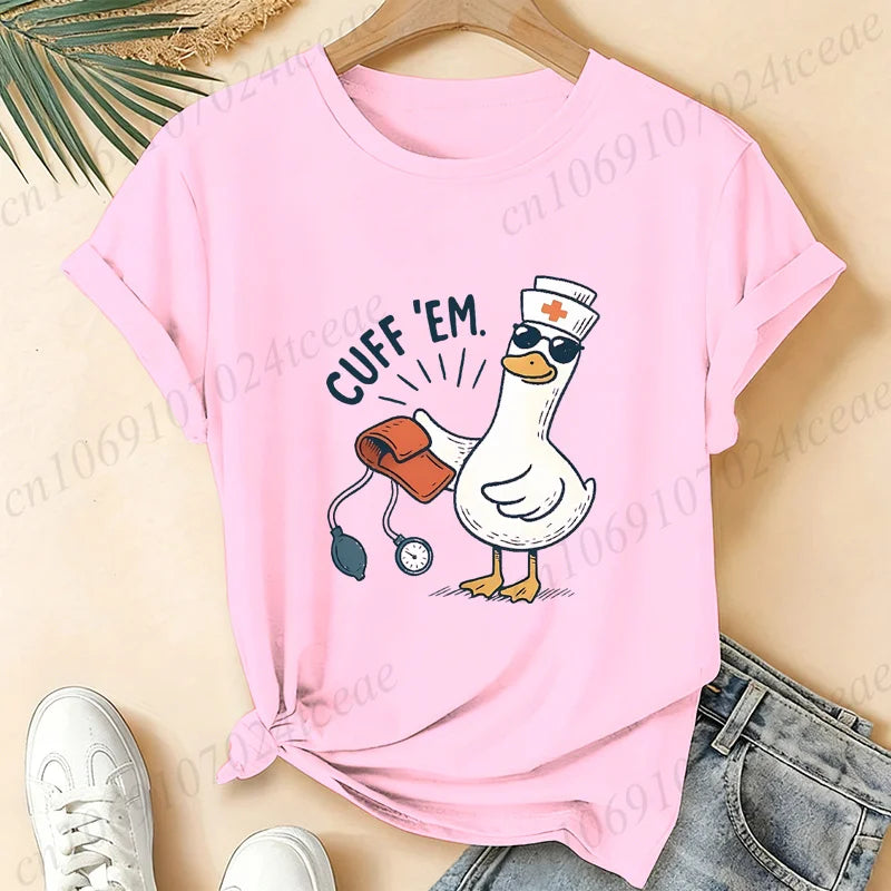 Women Funny Cuff 'Em Duck Nurse T‑Shirt Cute Cartoon Duck Blood Pressure Print Short Sleeve Tops Nurse Appreciation Gift Tees