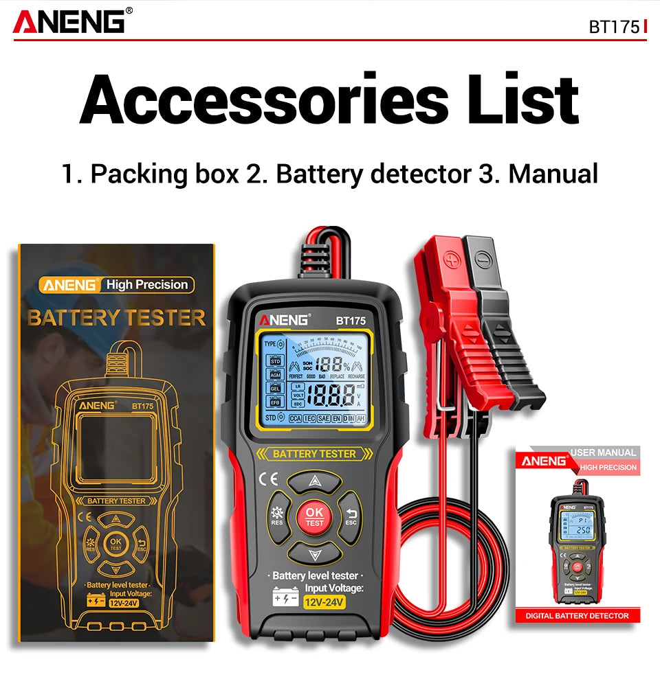 12V 24V Digital Car Battery Tester Alternator Automotive Analyzer Display Screen ANENG BT175 With Insulated Alligator Clip Tools