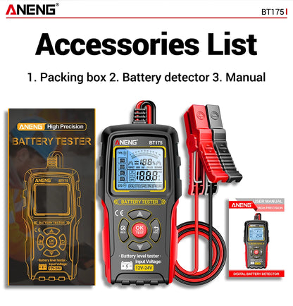 12V 24V Digital Car Battery Tester Alternator Automotive Analyzer Display Screen ANENG BT175 With Insulated Alligator Clip Tools