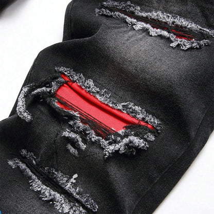Men's Y2K Fashion Ripped Patchwork Hole Straight Black Jeans Slim Fit Stretchy Skinny Denim Pants Casual Hip Hop Brand Trousers