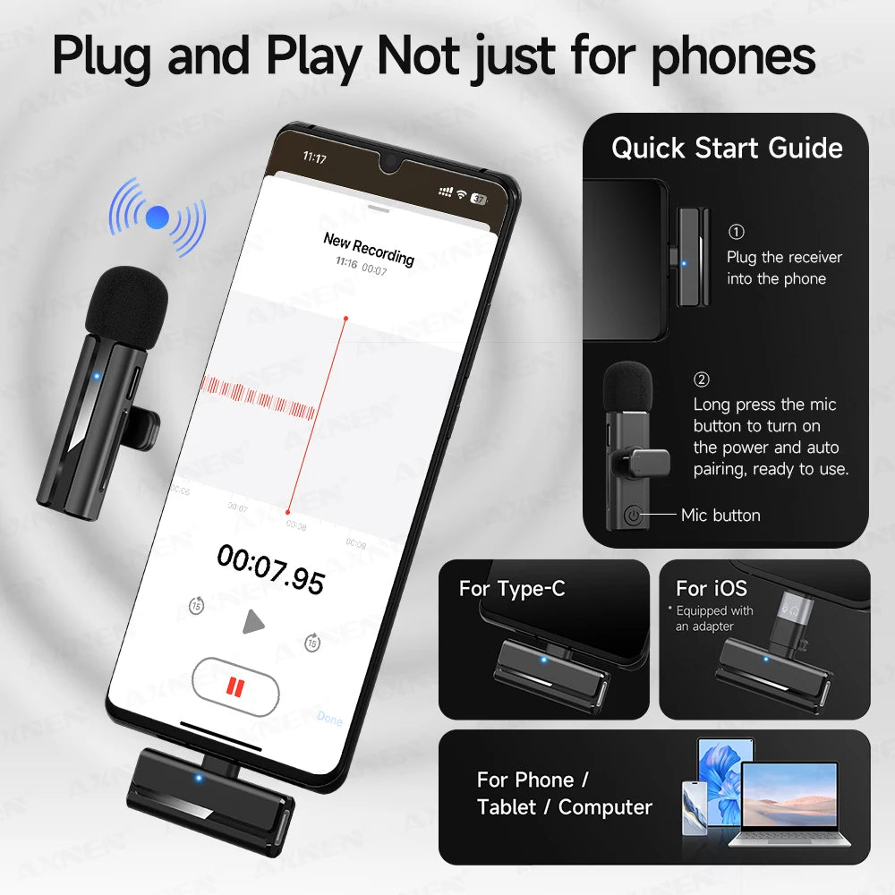 2-in-1 Wireless Lavalier Microphone for iPhone Android, Mini Pro Lapel Mic with Noise Reduction & Pickup for Vlog Live Recording