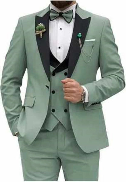 3 Piece Sage Green Men's Slim Fit Suits (Jacket+Vest+Pant) Wedding Groom Tuxedos Prom Formal Male Party Blazers Traje Hombre