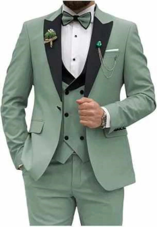 3 Piece Sage Green Men's Slim Fit Suits (Jacket+Vest+Pant) Wedding Groom Tuxedos Prom Formal Male Party Blazers Traje Hombre