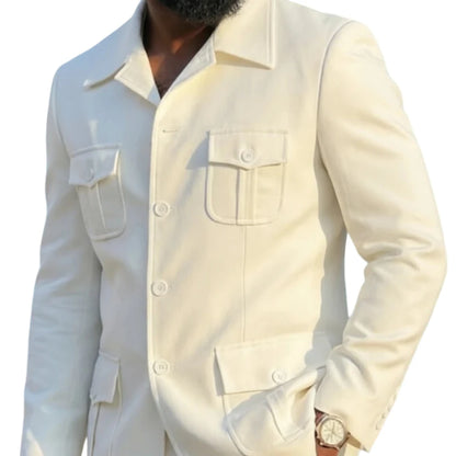 White Safari Men Suits with Structured Pocket Design Slim Fit 2 Pieces Man Fashion Blazer with Pants for Weekend Getaway Suit