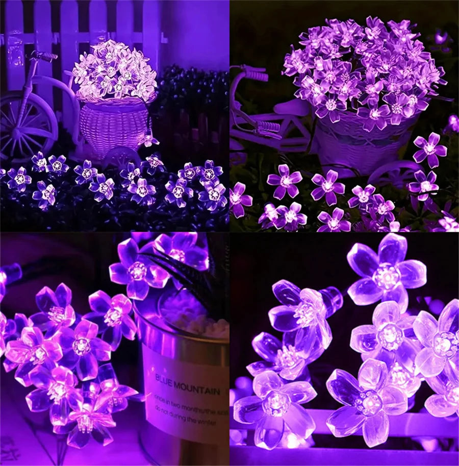 Outdoor Solar Led String Lights Cherry Flowers  Light Strings 8 Lighting Modes Solar Lamp for Camping Wedding Christmas Decor