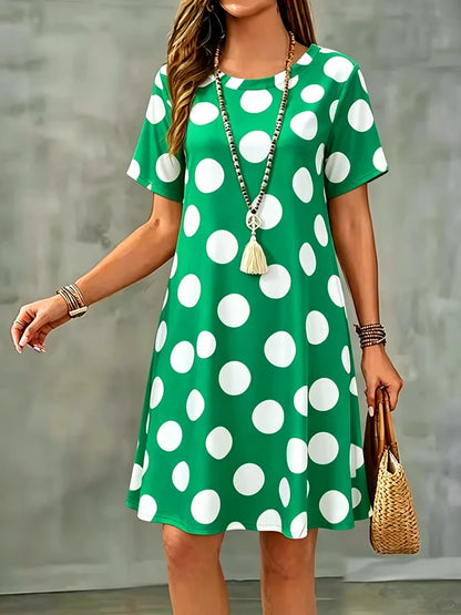 New Summer Women Dress Polka Dots Print Short Sleeve O-Neck  A-Line Dress Casual Loose Beach Sundress
