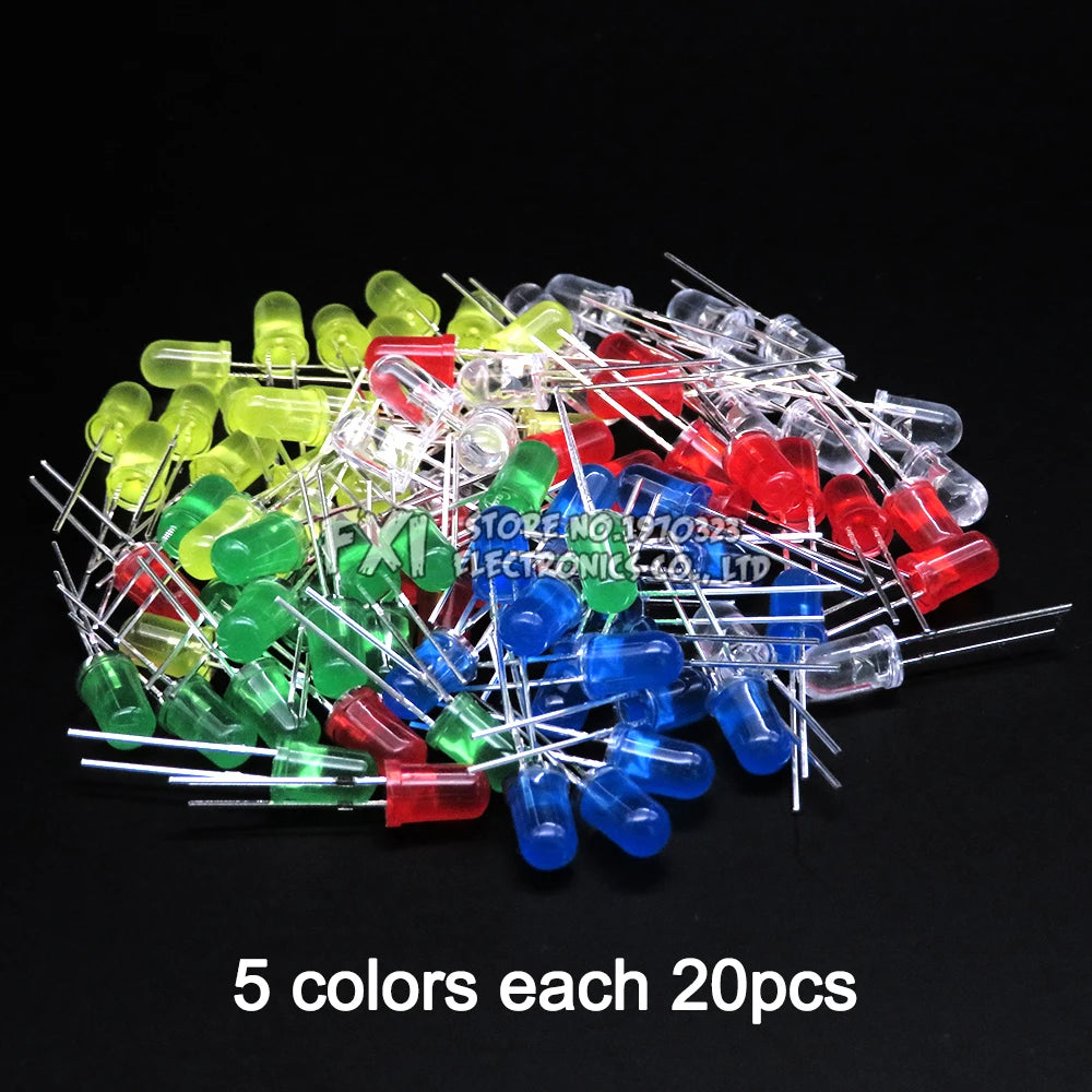 100PCS F5 LED Diode 5MM Assorted Kit White Green Red Blue Yellow Orange Pink Purple Warm White DIY kit Light Emitting Diode bxv