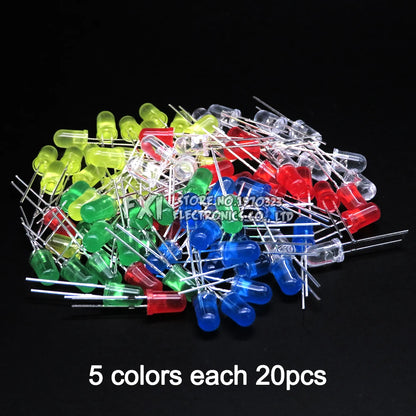 100PCS F5 LED Diode 5MM Assorted Kit White Green Red Blue Yellow Orange Pink Purple Warm White DIY kit Light Emitting Diode bxv