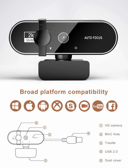 4K Webcam Video Camera 2K Autofocus Streaming Web Cam With Microphone Full HD 1080P Webcams for PC/Computer/Laptop