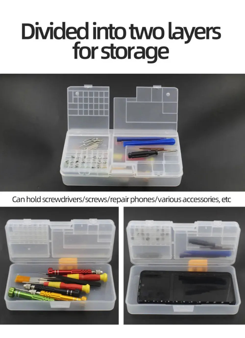 Transparent Electronic Components Storage Box 2 Layer Tool Classification Grid Phone Repair Module Organizer Compartment