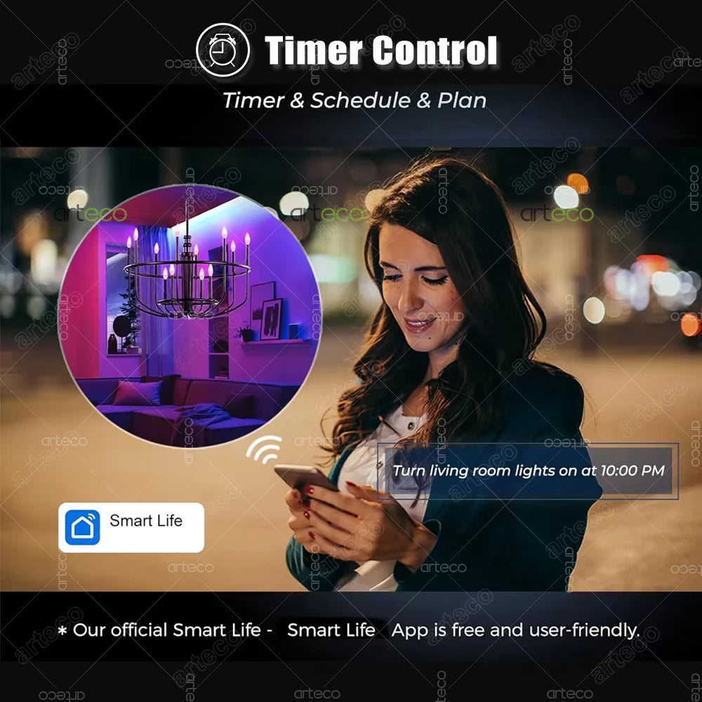 Tuya E14 Candle Lamp Smart Life App Control Smart Bulb WiFi Or Bluetooth RGB+CW LED Light 220V Dimmable Crystal Lamps Room Decor