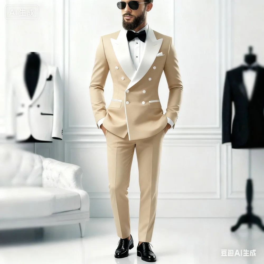 2-Piece Men's Casual Smolking Set with White Lapel Blazer And Black Pants Wedding Groomsmen Suit for Ceremony And Festa