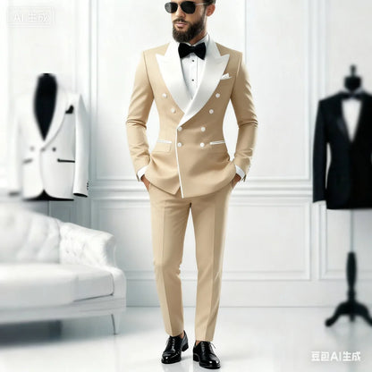 2-Piece Men's Casual Smolking Set with White Lapel Blazer And Black Pants Wedding Groomsmen Suit for Ceremony And Festa