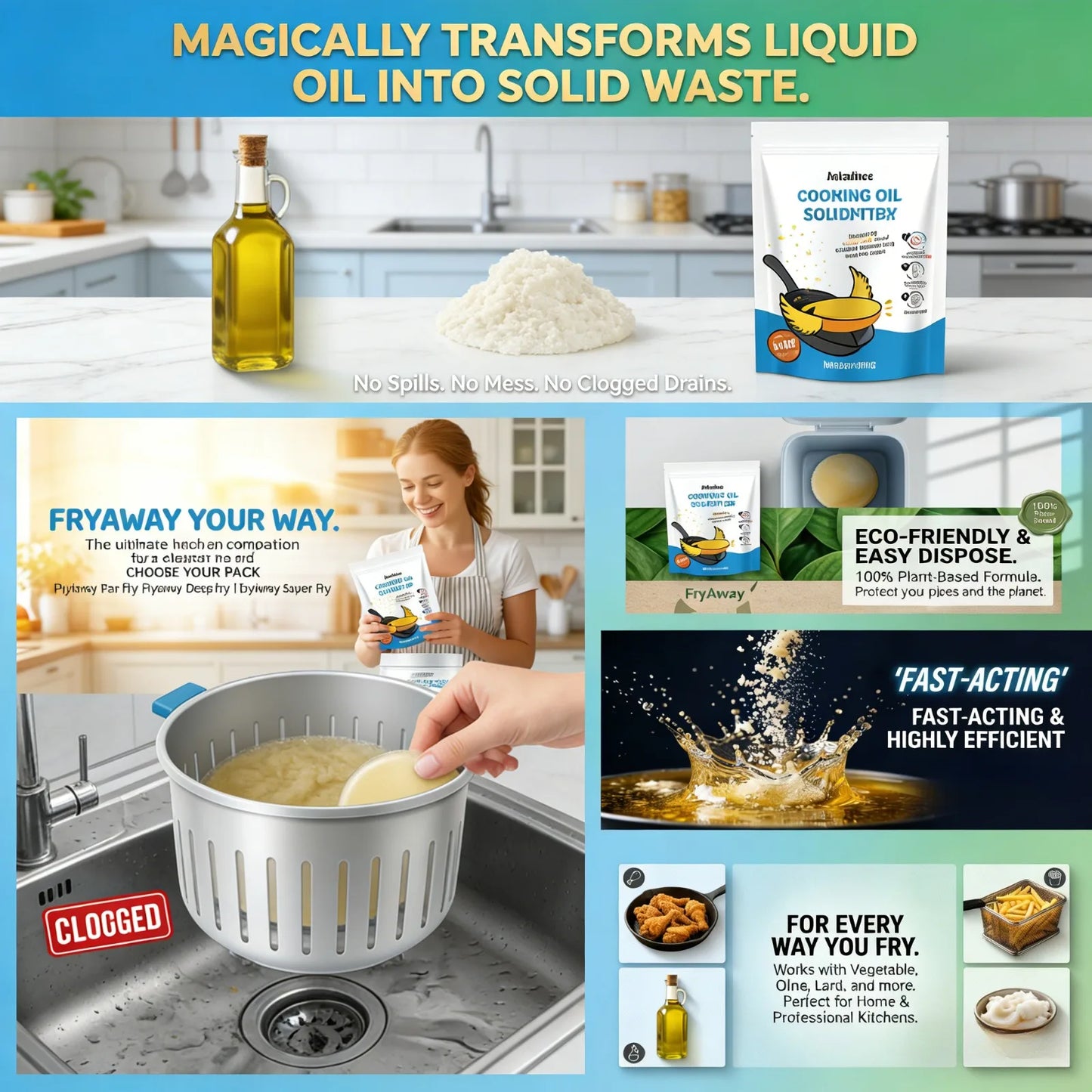 Cooking Oil Solidifier Powder Hot Grease Hardener For Used Fryer Oil Waste Vegetable Lard Eco Friendly Kitchen Cleaning Tool