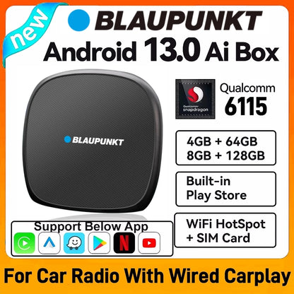 Android 13 Android Auto Wireless CarPlay AI TV Box QCM6115 8-Core Split Screen 64G 128G For Netflix Play Store
