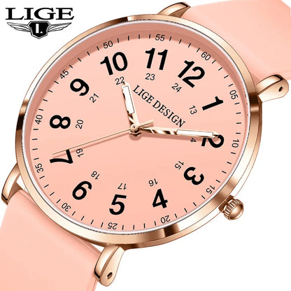 LIGE New Fashion Women's wristwatch Ultra-Thin Quartz Watches for Woman Waterproof Luminous Silicone Ladies Watches Pink Clock