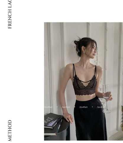 Sexy Lace Bralette No Underwire | French Triangle Cup Bra | Summer Thin Breathable for Women | Slimming Strappy Back Lingerie