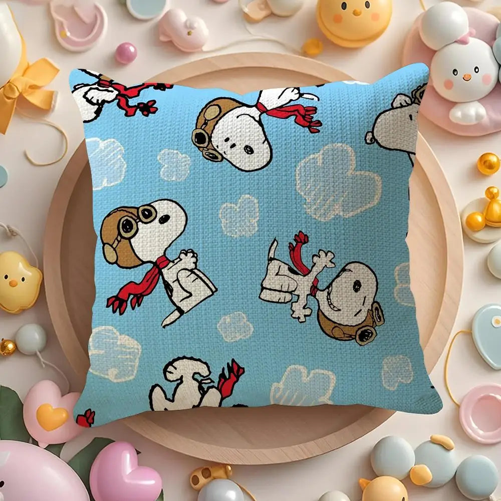 Cute Snoopy Pillow Case Natural Linen Organic Fabric Double-Sided Printing Sofa Home Decor Gift Cushion Cover
