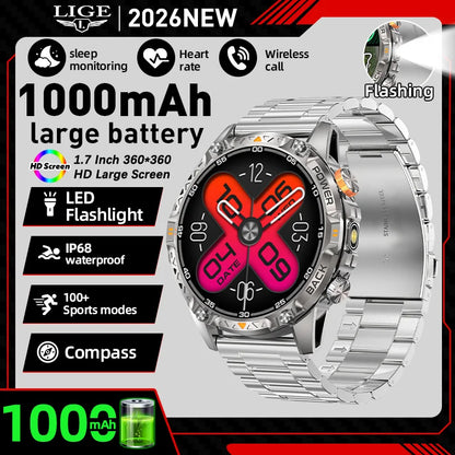 LIGE Nowy wojskowy do T-Rex 3 Ultra Smart Watch Bateria 1000 mAh Wodoodporny IP68 Kompas Latarka Sportowy monitor Smartwatch Mężczyźni