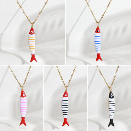 Cute Colorful Enamel Fish Pendant Necklaces For Women Girls Lovely Stainless Steel Gold Color Summer Waterproof Beach Jewelry