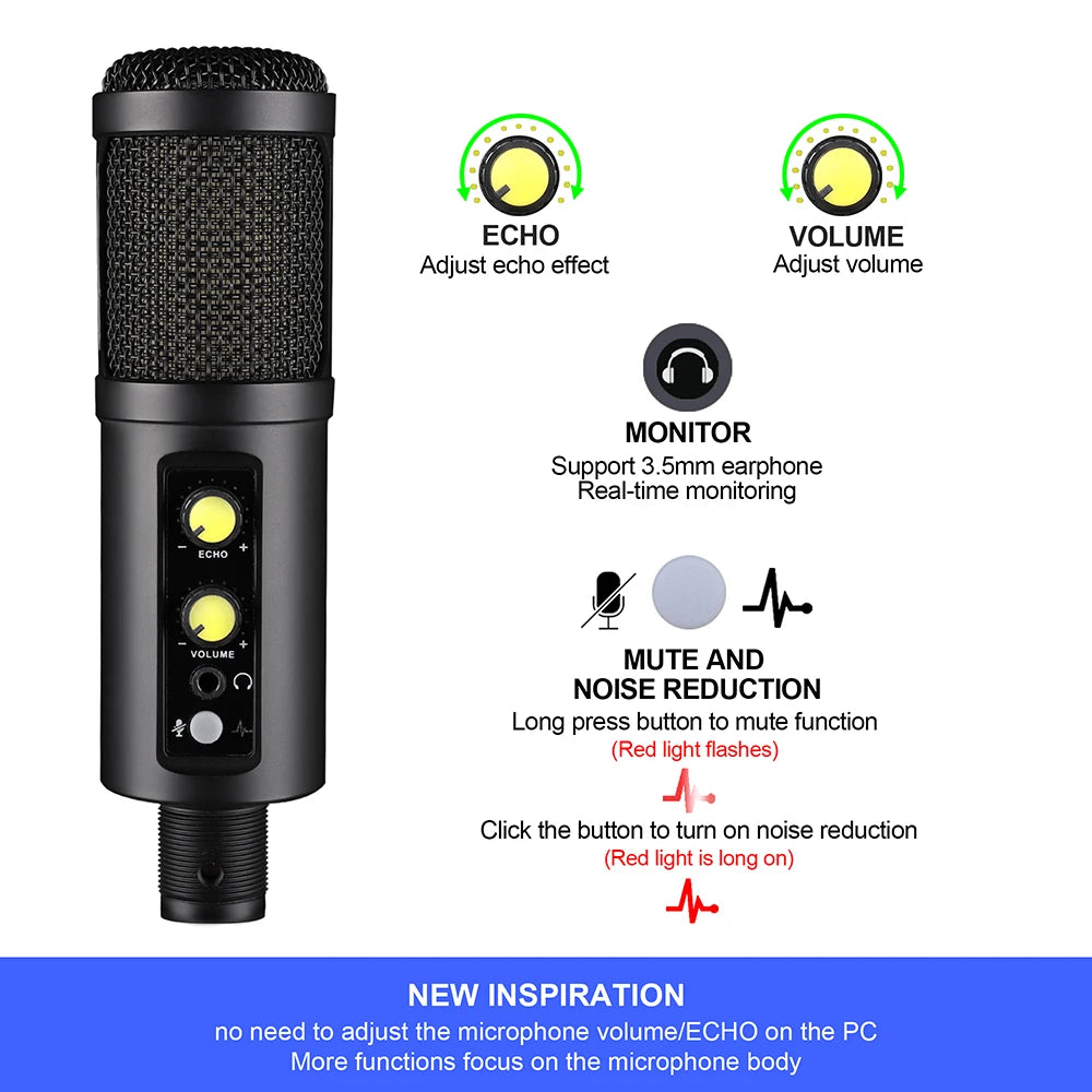 Metal USB Microphone,with Headphone Output,Volume and Echo Control,Mute Button,Condenser Gaming Mic for PC/Laptop,for Singing