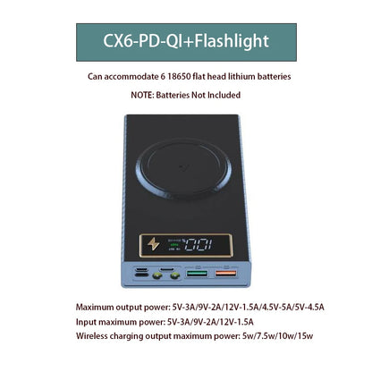 6* 18650 Power Bank Case Wireless Fast Charge PD CX6 For Smart Phone Charging Flashlight Dual USB DIY Battery Storage Boxes