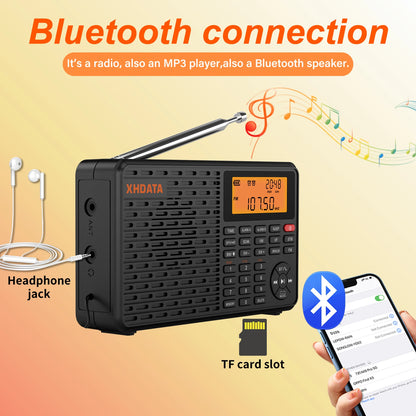 XHDATA D-109 Stereo Digital Portable Radio AM SW MW FM Radio Bluetooth Compatible Multifunctional Radio Support TF Card Player