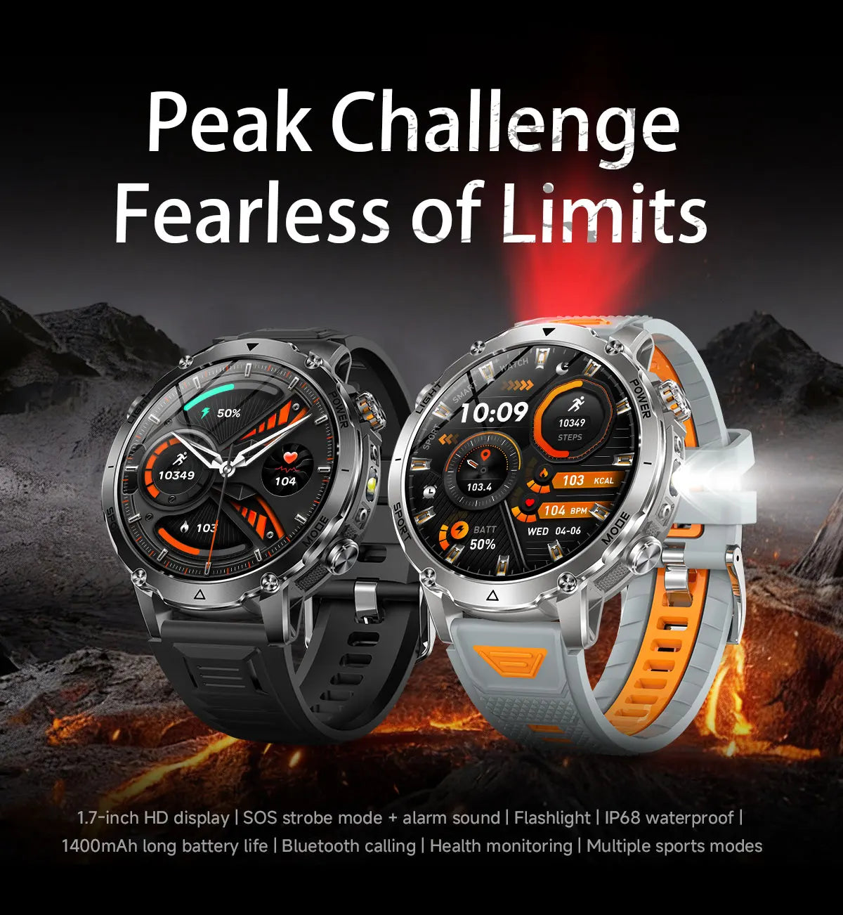 New 1400mAh Battery Sports Smart Watch 1.7” SOS+Flashlight Exercise Record Bluetooth Call Waterproof Health Watch For Android iO