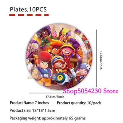 Brawl Stars Happy Birthday Party Supplies Set Cartoon Game Theme Tableware, Paper Plates & Backdrop Decorations for Celebrations
