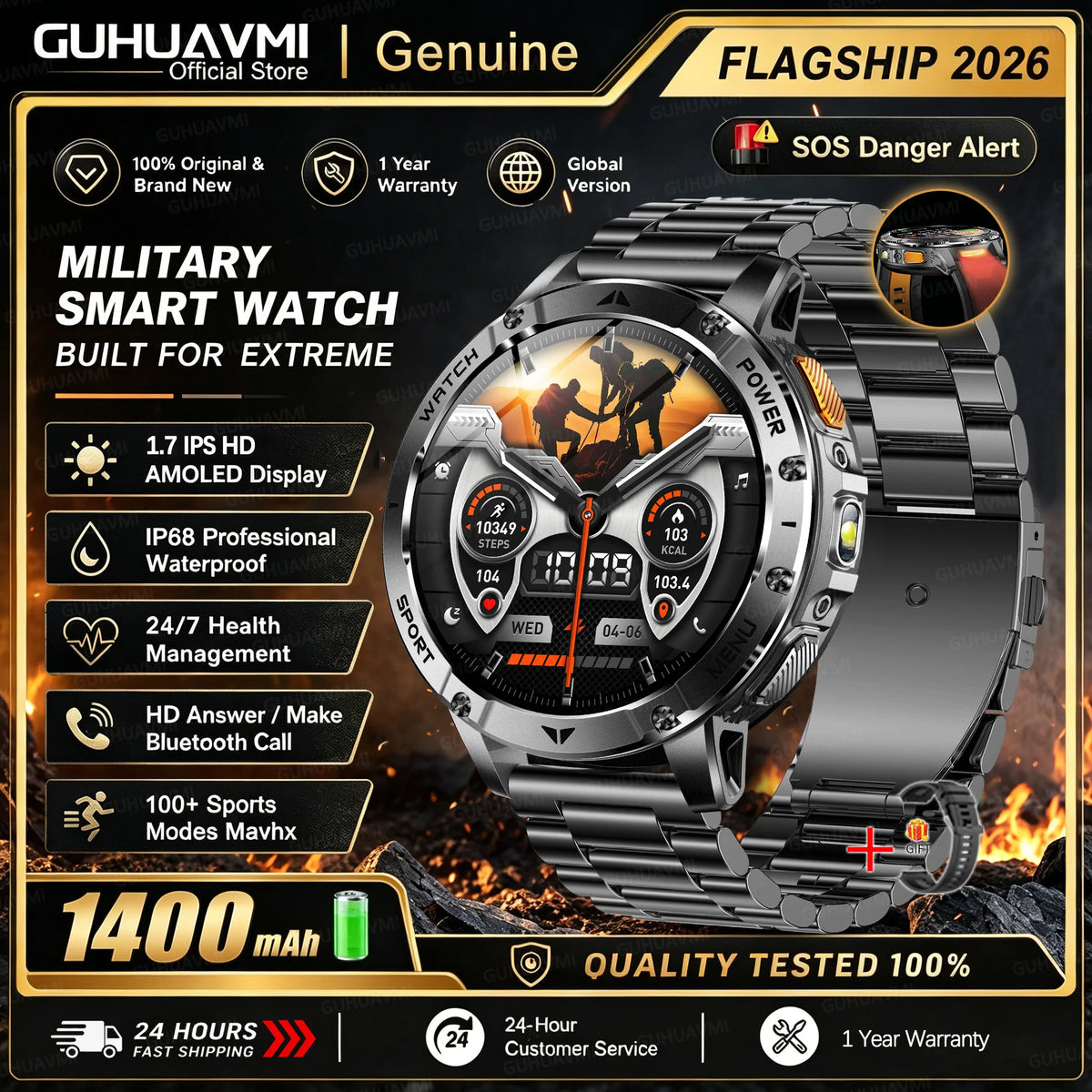 1400mAh Large Battery Military Smart Watch Men 1.7"HD Bluetooth Call 10ATM Waterproof LED Flash SOS Health Monitor Sport Watches