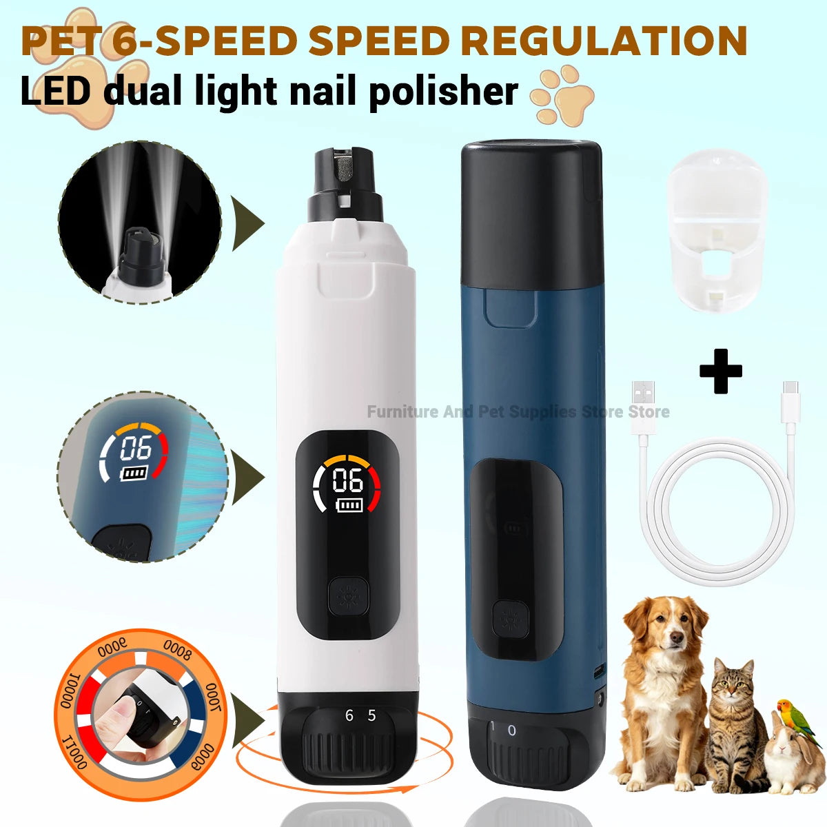 Electric 6-speed adjustable pet nail polisher large/small dog nail clipper 2 LED lights rabbit cat paw nail beauty accessories