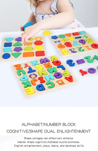 Kids Alphabetic Arithmetic Number Geometric Shapes Wooden Puzzle Montessori Preschool Learning Educational Game Toy for Children