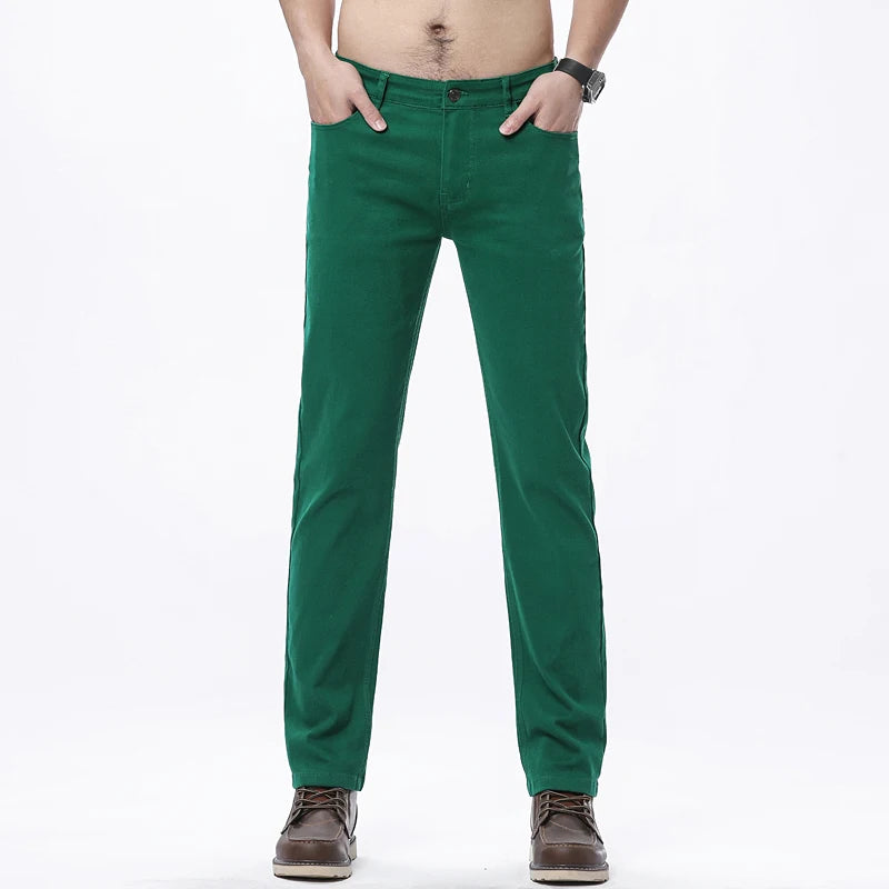 Men Classic Solid Color Fashion Jeans Business Casual Slim Fit Straight Elastic Pants Spring/Summer Thin Male High End Trousers