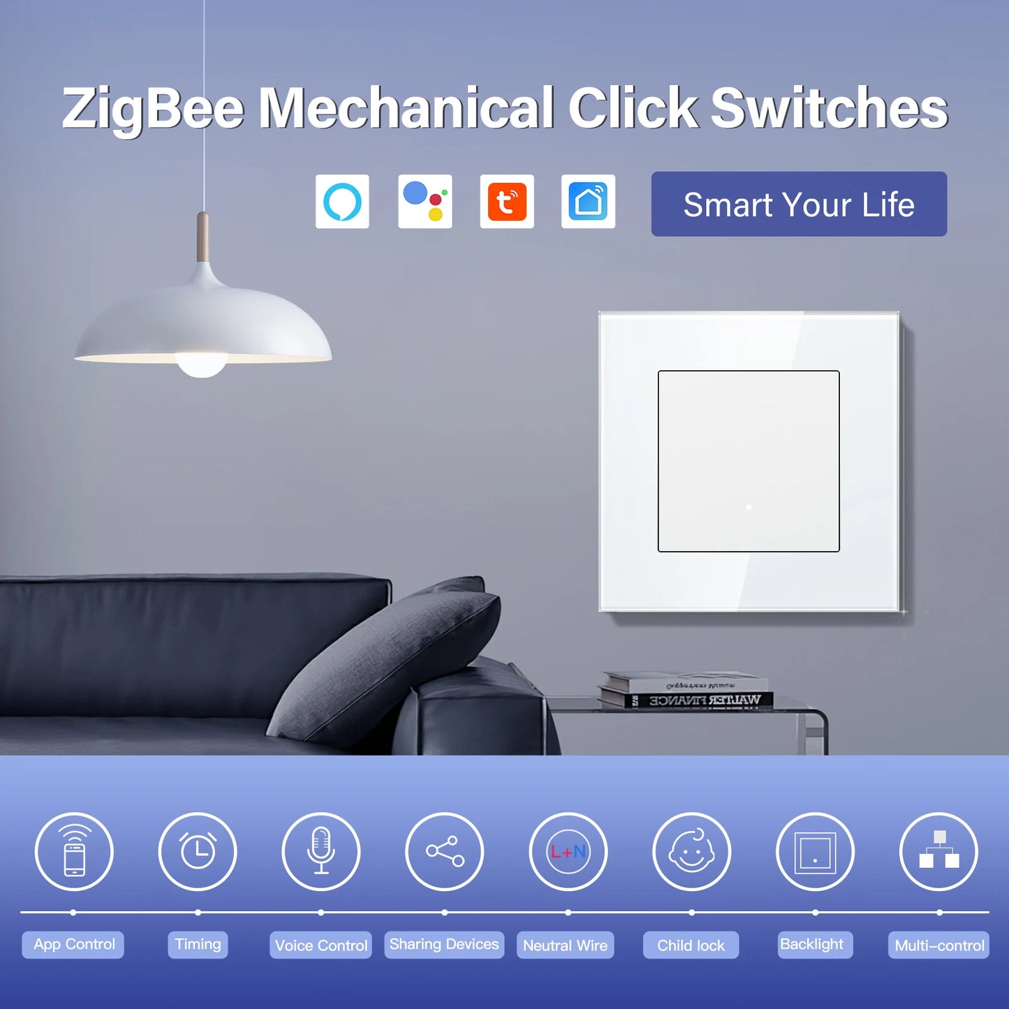 Bseed Zigbee Button Switchs Need Neutral Wire Tuya Smart Life Alexa App Control Glass Frame 86*86mm White Light Switch