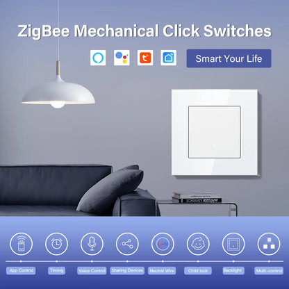 Bseed Zigbee Button Switchs Need Neutral Wire Tuya Smart Life Alexa App Control Glass Frame 86*86mm White Light Switch