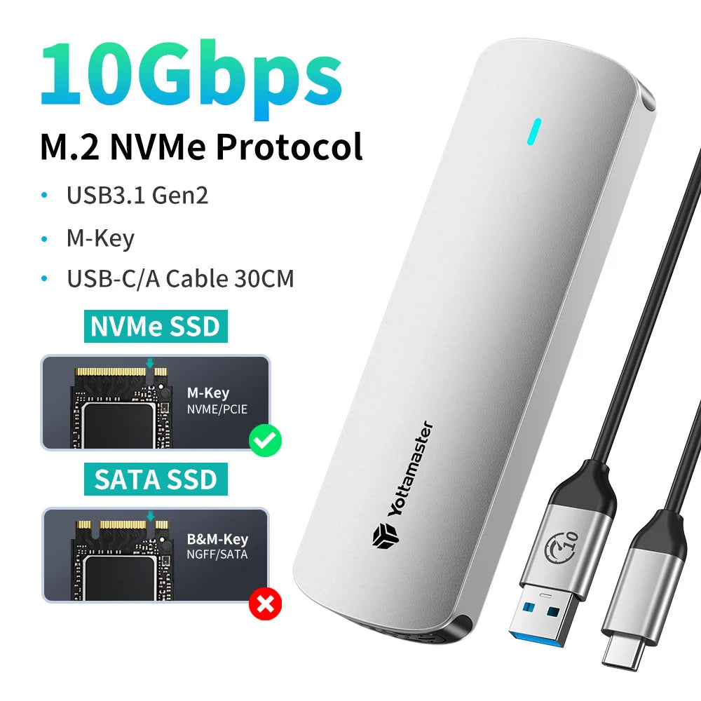 Yottamaster SATA M.2 NVMe SSD Enclosure Dual Portocol NVMe to USB Adapter USB 3.1 Gen2 USB C External Case Box Aluminum alloy