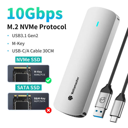Yottamaster SATA M.2 NVMe SSD Enclosure Dual Portocol NVMe to USB Adapter USB 3.1 Gen2 USB C External Case Box Aluminum alloy