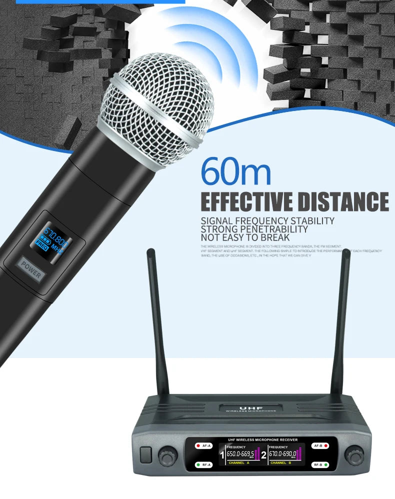 Wireless Microphone Handheld Dual Channels UHF Fixed Frequency Dynamic Mic For Karaoke Wedding Party Band Church Show