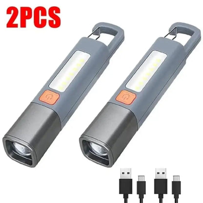 Mini Portable LED Strong Lighting ABS Flashlamp USB Rechargeable With Hook Zoomable Torch Outdoor Camping Hanging Emergency Lamp