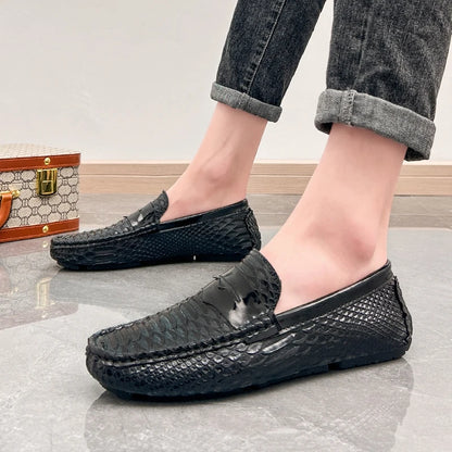 Men White Snake Pattern Loafers Penny Slip On Driving Shoes Casual Business Moccasins Breathable Male Footwear