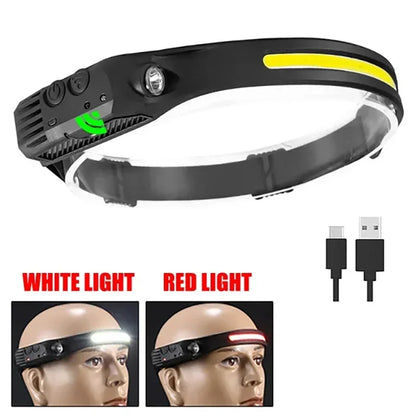 Czołówka USB, ładowalna, indukcyjna, z czujnikiem COB LED, wbudowana bateria, latarka, 5 trybów świecenia, reflektor
